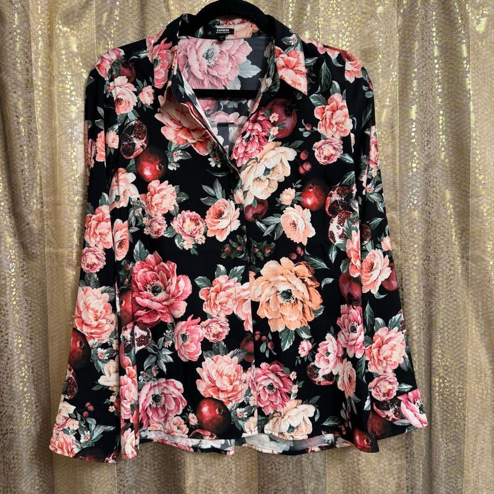 Express Relaxed Portofino Floral Pomegranate Fall Button Down Top Medium